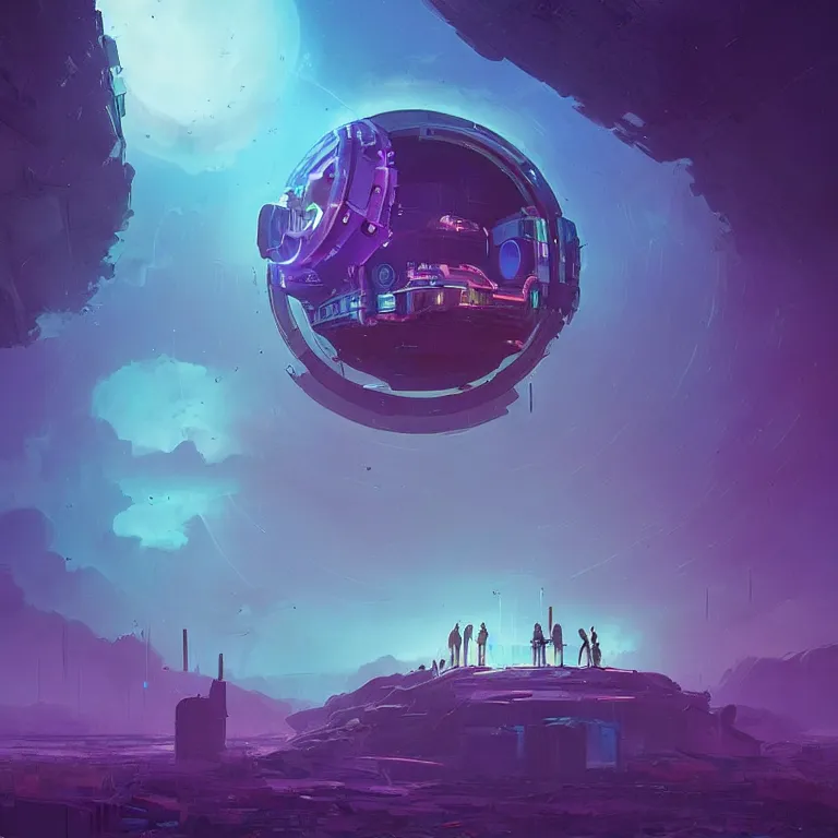 Image similar to a circle!! portal!!! structure floating in space!!, cyberpunk, epic surrealism, indigo, purple, cyan, detailed digital matte painting in the style of simon stalenhag and painting by ralph mcquarrie