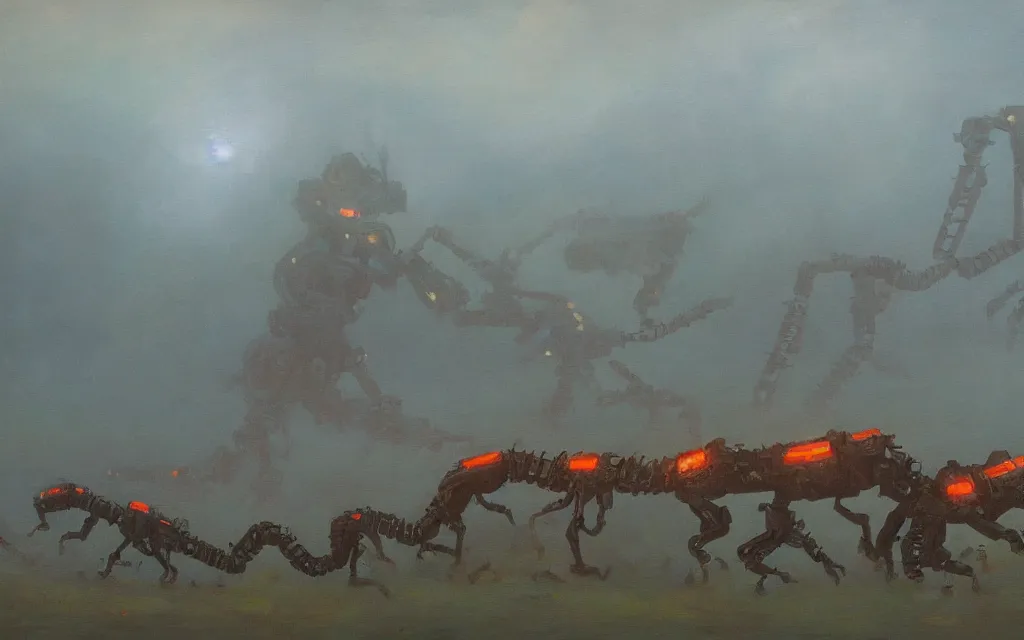 Prompt: giant robot centipede wandering across a foggy landscape, award winning oil painting, iridescent