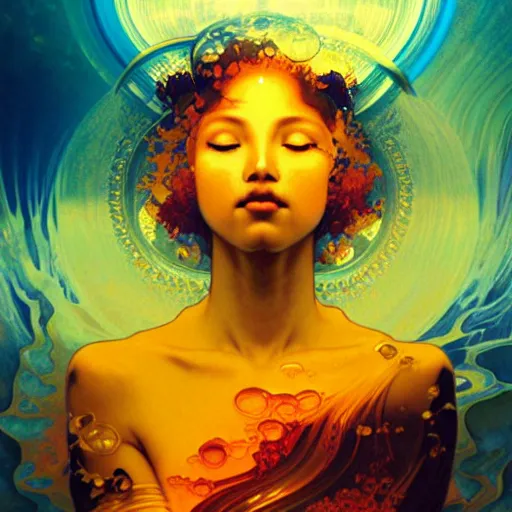 Prompt: transcendent bodhisattva mind bending indigo waves of glossy liquid honey flowing like kaleidoscopic translucent amber, lsd waves, honey ripples, enlightenment, dramatic professional lighting, refracted sunset lighting, highly detailed, concept art, art by collier, albert aublet, krenz cushart, artem demura, alphonse mucha