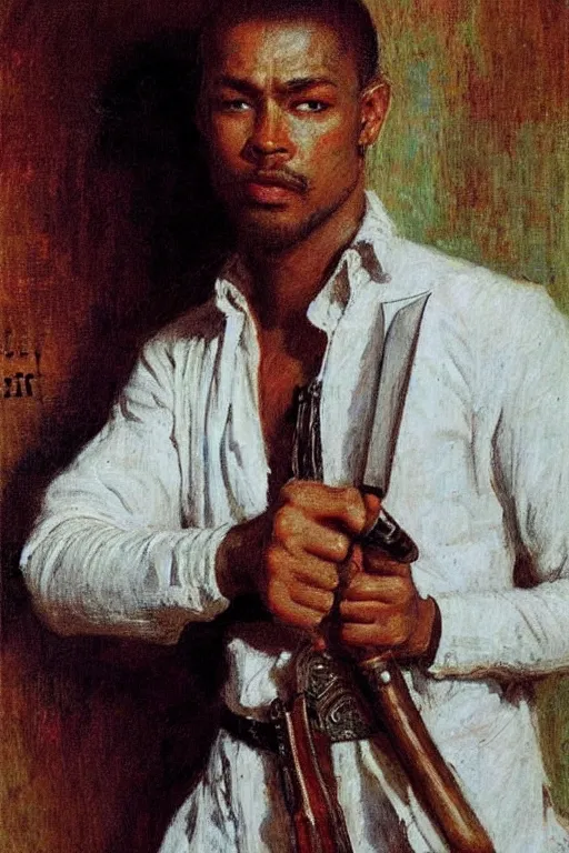 Image similar to a thirty year contract killer in all white. he is a sophisticated from africa. he is holding a knife. art by gaston bussiere.