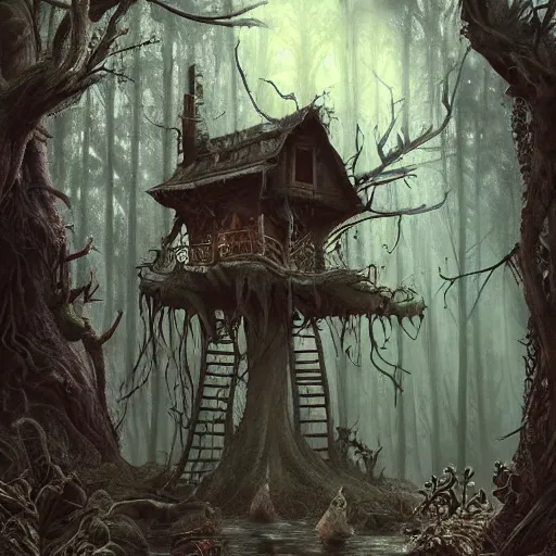 Image similar to dilapidated broken down treehouse, tucked within the witchwood forest, evil fairies, overgrown, detailed intricate ink illustration, dark atmosphere, detailed illustration, hd, 4k, digital art, overdetailed art, concept art, by greg rutkowski, by loish, complementing colors, Trending on artstation, deviantart