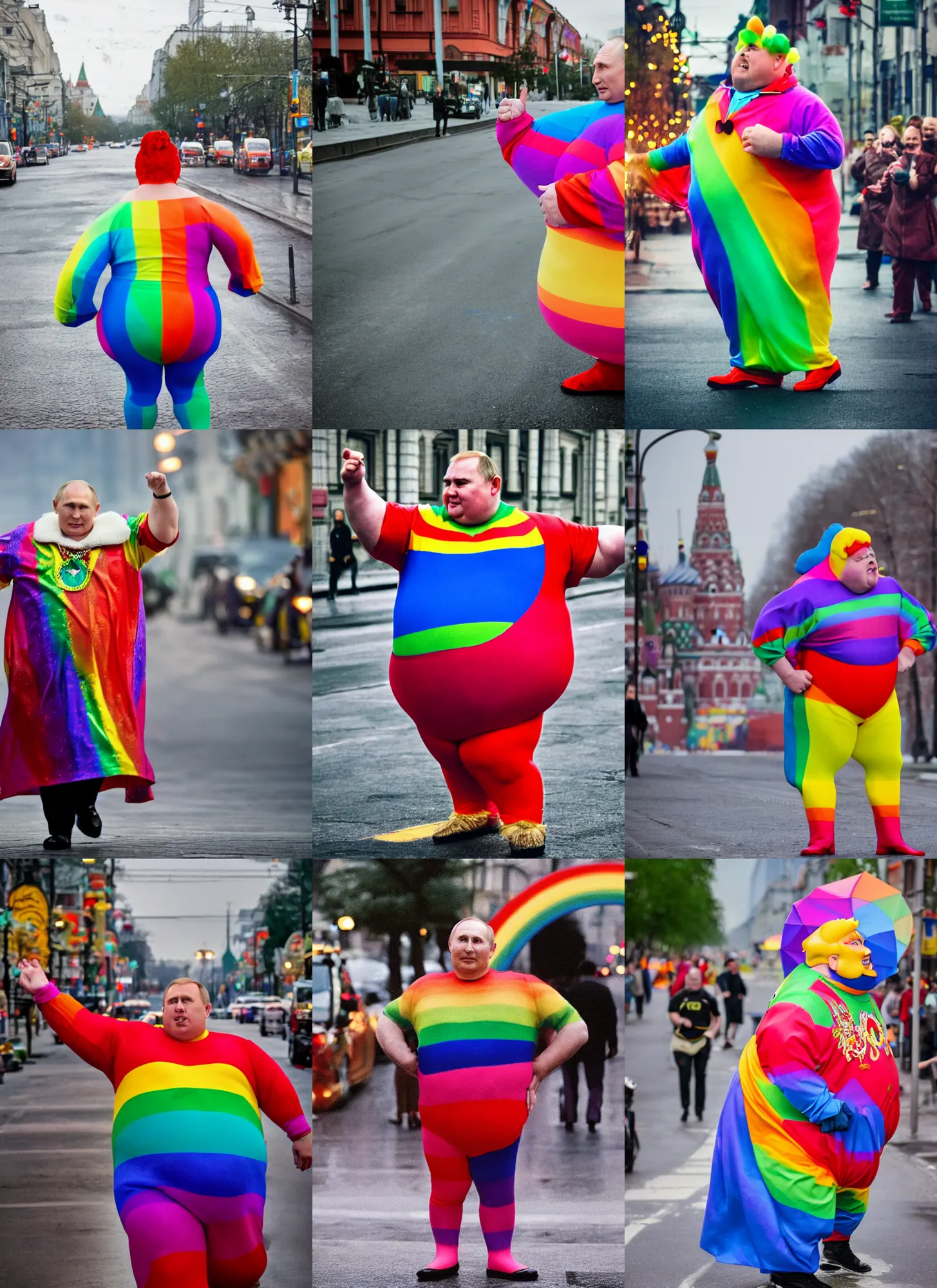 Prompt: medium shot photo of obese vladimir putin wearing rainbow superhero costume, in moscow street, movie still, bokeh, canon 5 0 mm, cinematic lighting, dramatic, film, photography, depth of field, award - winning, backlighting, overcast, 8 k, hyper detailed, 3 5 mm film grain