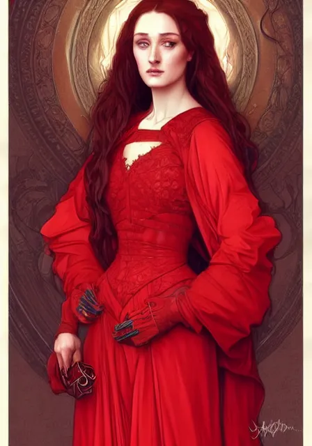 Image similar to sansa stark in red, intricate, elegant, highly detailed, digital painting, artstation, concept art, smooth, sharp focus, illustration, art by artgerm and greg rutkowski and alphonse mucha and william - adolphe bouguereau