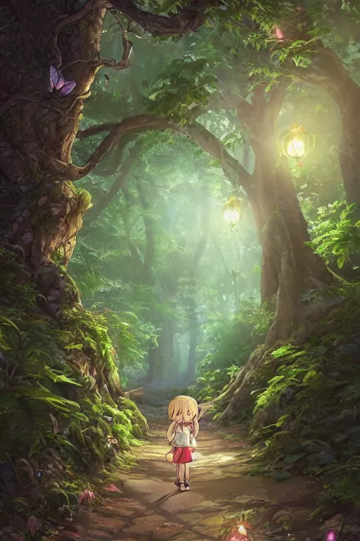 Image similar to forest path, fairy, beautiful ancient trees, hiding large treasure chest, glowing fireflies, serene evening atmosphere, soft lens, soft light, cel - shading, animation, in the style of cgsociety, deviantart, artstation, zbrush, cinema 4 d, studio ghibli, akihiko yoshida, atelier lulua, masamune shirow