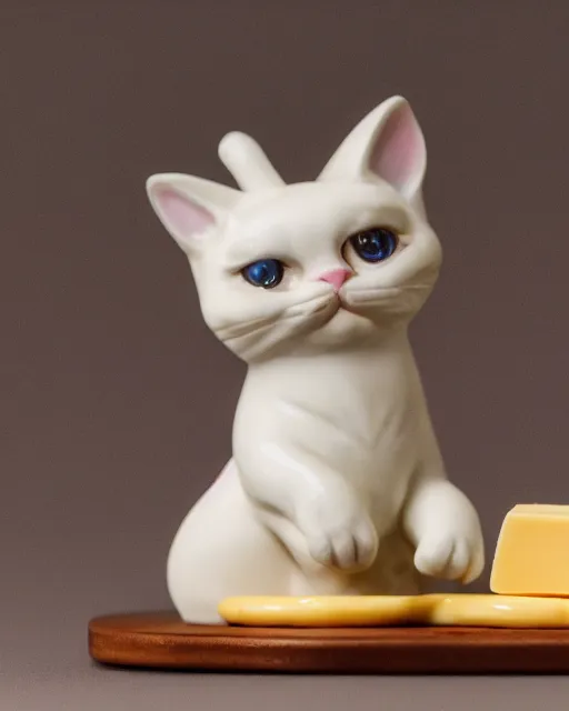 Prompt: high quality presentation photo of a detailed porcelain figurine of a cute cat dressed as Napoleon holding a piece of cheese, photography 4k, f1.8 anamorphic, bokeh, 4k, Canon, Nikon