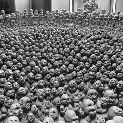 Image similar to photo, a giant crowd of claymation men by ray harryhausen made of silvery reflective glittery clay, inside a 1990's mcdonald's playplace