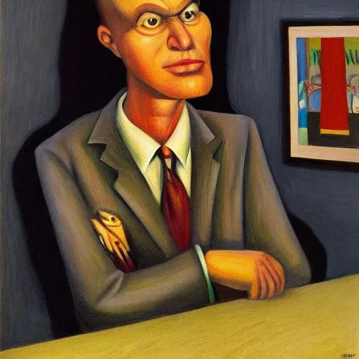 Prompt: gwar accountant, grant wood, pj crook, edward hopper, oil on canvas