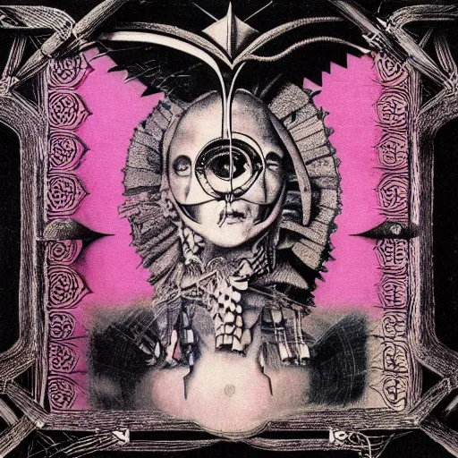 Image similar to post - punk new age album cover, asymmetrical design, frame of a dollar bank notes, capitalism, magic, apocalypse, psychedelic, black white pink, magic, giger h. r., giuseppe arcimboldo