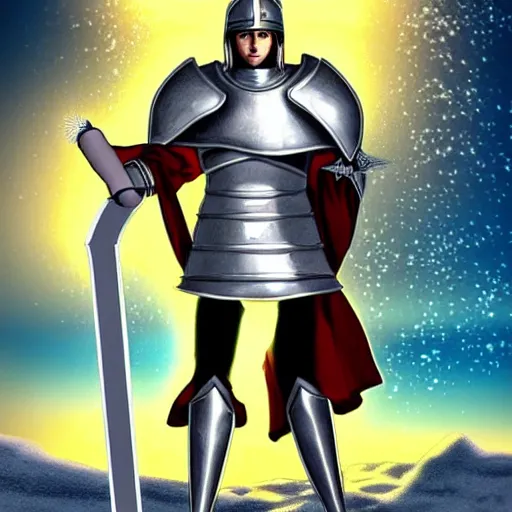 Image similar to paladin wearing silver amour with mirror finish, wielding a longsword that gleams like the sun. he is wearing a teutonic helmet, inside his eyes glow like the sun. background of snowy mountains. anime.