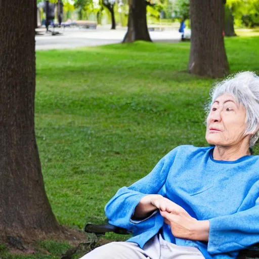 Image similar to an older woman sitting in a park. under her nose is a thin translucent tube connected to an oxygen tank, 4 k,
