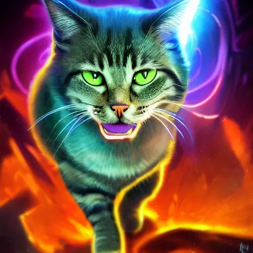 Prompt: a stylized portrait of a powerful cat with wavy brown hair and green eyes as an angry scientist, stylized, arcane magic, blue and purple vapor, neon color, vivid color, lens flare, volumetric light from below, background by justin gerard, hyperdetailed concept art by Ross Tran and Greg Rutkowski, high quality DnD illustration, trending on ArtStationHQ, 8k