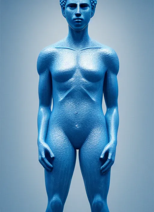 Prompt: a statue made of blue glass and goldleaf, of corn playing basketball, transhumanism, full body shot, perfect symmetrical body, perfect symmetrical face, hyper realistic, hyper detailed, by johannen voss, by peter kemp, by monia merlo, by michelangelo, by alex grey, octane render, blender, 8 k