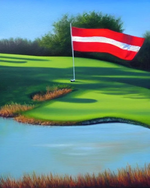 Image similar to oil painting of golf course, flag, oil painting,