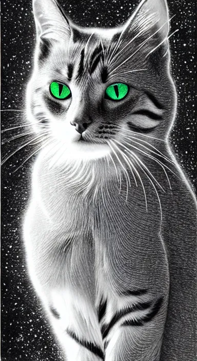 Image similar to highly detailed full body realistic pencil sketch of a beautiful cat with big green eyes in front of the galaxy stars