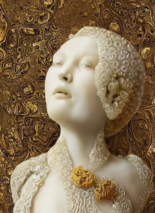 Image similar to romantic marble sculpture of beautiful woman, glistening, mandelbulb, masterpiece, rodin, michelangelo, hypercube, ivory carving, fractal paisley inlay, lace, intricate, elegant, highly detailed, gold inlay, metallic, ivory, artgerm, lace, by ruan jia and greg rutkowski