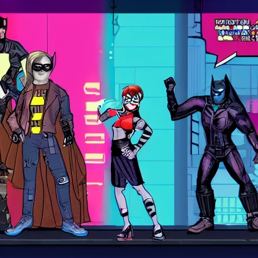 Prompt: cyberpunk Batman, Harley Quinn, Velma, and Shaggy in a platform fighting game