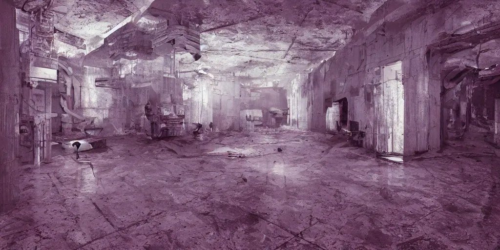Image similar to noisy color photograph of a liminal space, floating liquid, stretching to walls, horror, dark pits, supernova inside facility, scared faces emerging from darkness, hallways, abstract 3d render, oddly familiar, cinematic, dramatic lighting, intricate detail, soft vintage glow