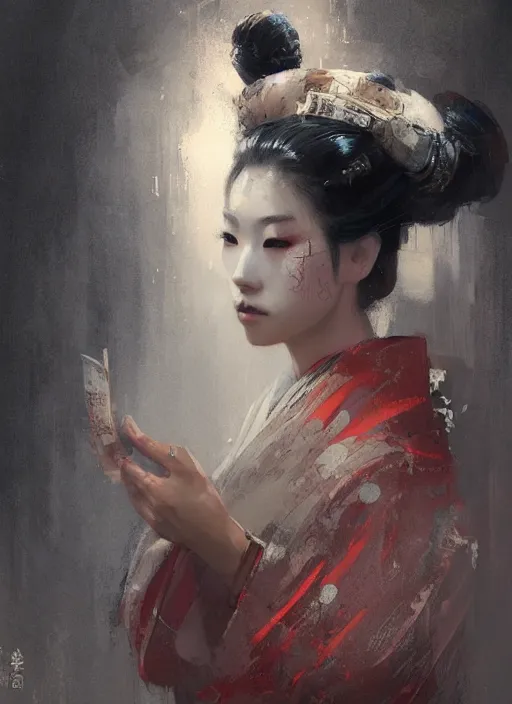 Image similar to female geisha girl, beautiful face, intricate outfit, spotlight, by greg rutkowski, by jeremy mann, digital painting