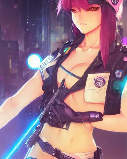 Image similar to anime key visual of a cat girl police officer, neon, cyberpunk, futuristic, stunning, highly detailed, digital painting, artstation, smooth, soft focus, illustration, art by artgerm and greg rutkowski and alphonse mucha