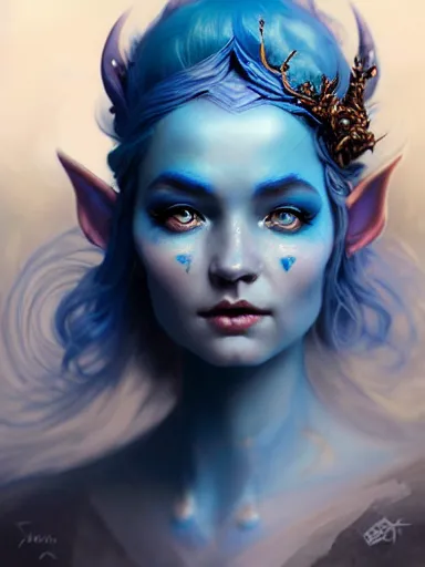 Image similar to the elven queen with blue skin by james jean, charlie bowater, tom bagshaw, nikolay makovsky : : enchanting, ethereal, magical, portrait, character design, illustration, hyperrealism, photorealism, digital art, concept art, fantasy, whimsy, weta, wlop, artstation