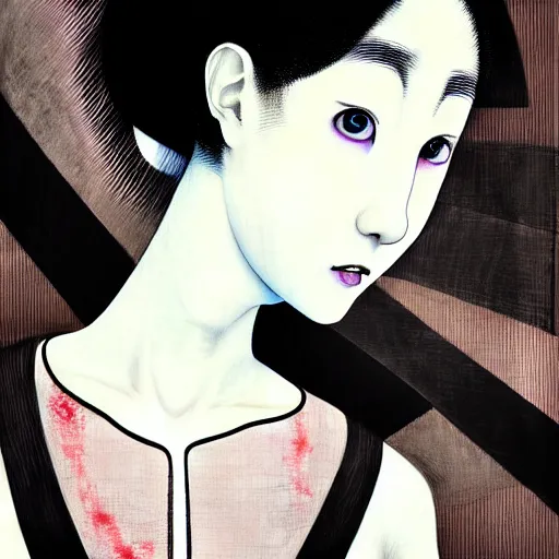 Prompt: yoshitaka amano blurred and dreamy three quarter angle portrait of a young woman with black lipstick and black eyes looking up and to the side wearing dress suit with tie, junji ito abstract patterns in the background, satoshi kon anime, noisy film grain effect, highly detailed, renaissance oil painting, weird portrait angle, blurred lost edges