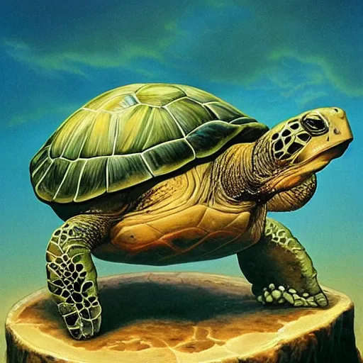 Prompt: a turtle with cow head, surrealism, painting by boris vallejo and michael whelan