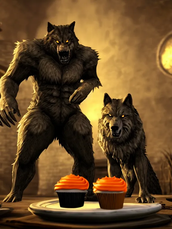 Image similar to cute handsome cuddly burly surly relaxed calm timid werewolf from van helsing holding a delicious cupcake with orange frosting sitting down at the breakfast table in the kitchen of a normal suburban home unreal engine hyperreallistic render 8k character concept art masterpiece screenshot from the video game the Elder Scrolls V: Skyrim