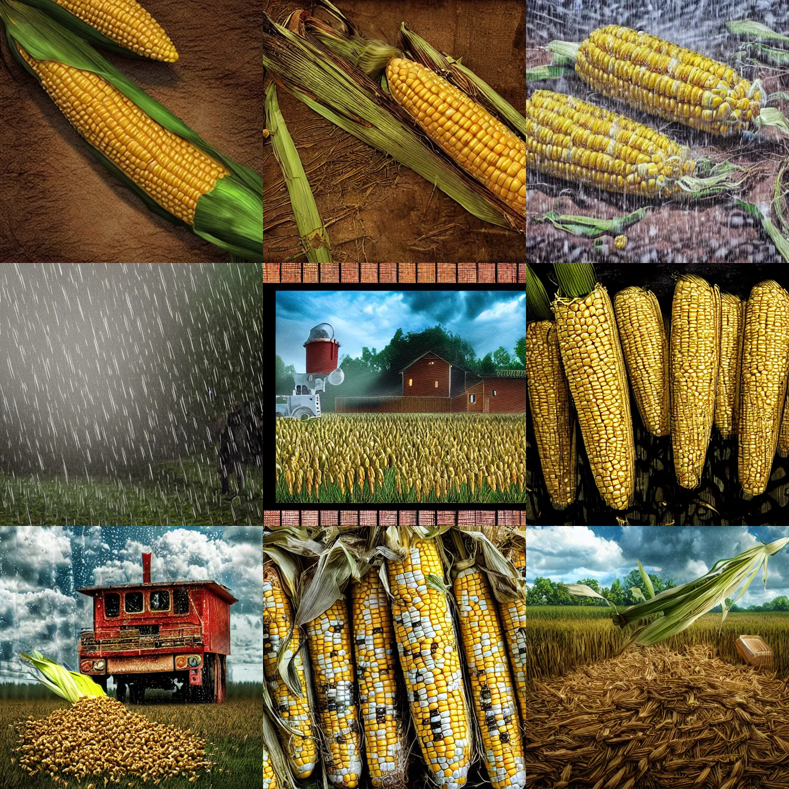 Prompt: raining corn, horror scene, detailed, photorealistic