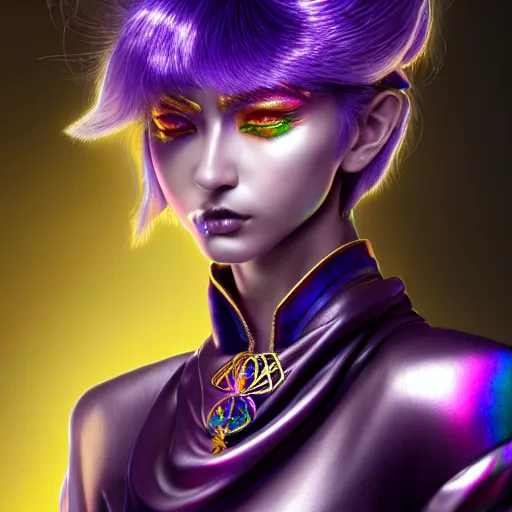 Image similar to hyperdetailed close portrait of a stunningly beautiful ukrainian girl androgynous wizard guard made of iridescent metals and shiny purple gems, bright rainbow nimbus, golden necklace, smoke background inspired by ross tran and masamune shirow and kuvshinov, concept art, intricate, photorealistic, octane render, rtx, hdr, unreal engine, dnd digital art by artgerm