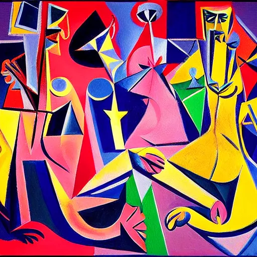 Prompt: intricate five star jazz party by pablo picasso, oil on canvas, hdr, high detail, photo realistic, hyperrealism, matte finish, high contrast, 3 d depth, centered, masterpiece, vivid and vibrant colors, enhanced light effect, enhanced eye detail, artstationhd