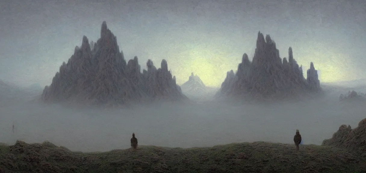 Image similar to A Spiritual landscape by the ancient masters, the sky is dark, the world is covered with fog, and two figures can be seen standing in the midst of it. The background is completely covered with an endless series of mountains and towers, with only their tops standing out from the fog by Simon Stålenhag and Claude Monet.