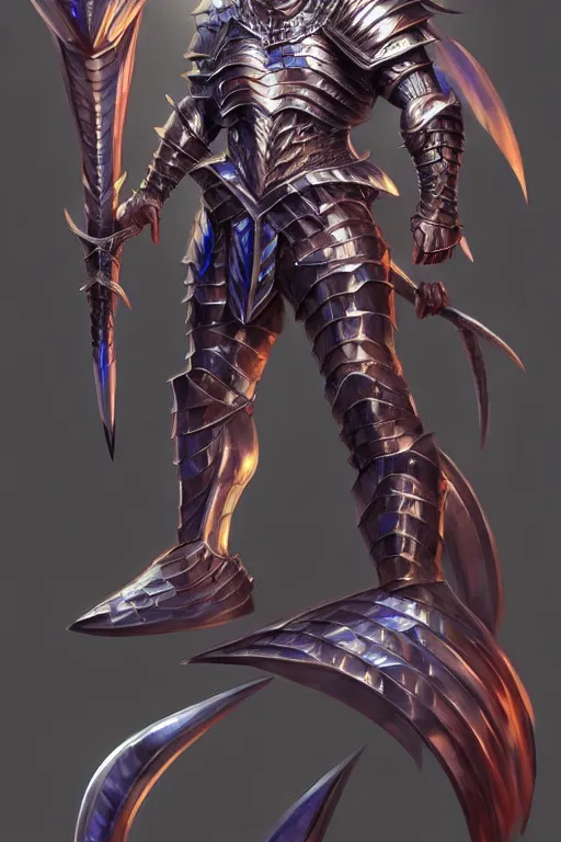 Image similar to Full body character concept art of an anime draconian warrior knight, iridescent scales, cool face, muscular, by Stanley Artgerm Lau, WLOP, Rossdraws, James Jean, Andrei Riabovitchev, Marc Simonetti, and Sakimichan, tranding on artstation