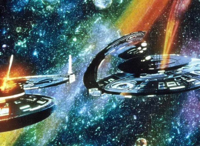 Image similar to a still from a 1 9 8 0 s sci - fi tv programme, star trek tng, deep space nine, star trek voyager, babylon 5, vhs distortion