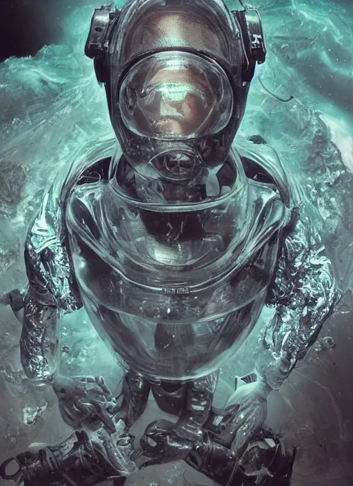 Image similar to astronauts in dark and empty void underwater poster - complex and hyperdetailed technical suit. reflection and dispersion materials. rays and dispersion of light. volumetric light. 5 0 mm, f / 3 2. noise film photo. flash photography. ultra realistic, wide angle. poster by wayne barlowe, hajime sorayama aaron horkey, craig mullins