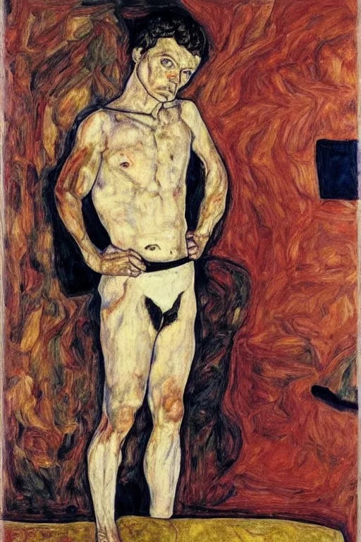 Image similar to portrait of russian athlete young man posing in his grandparents living room, 1987, egon schiele