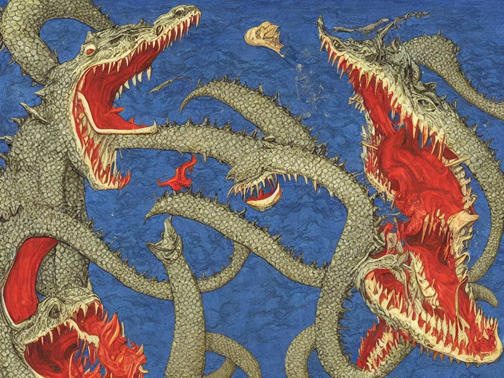 Prompt: close up of the giant open mouth of leviathan devil demon, with row of teeth, flames, snakes, people inside. painting by limbourg brothers, walton ford