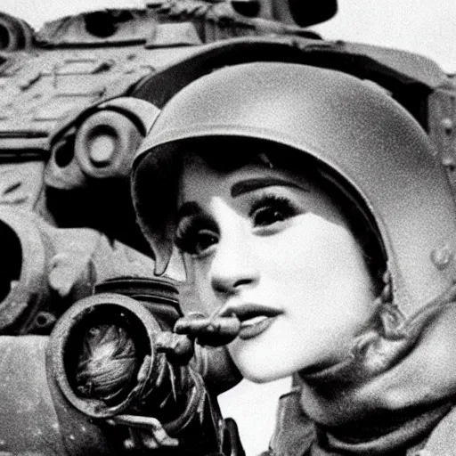 Prompt: photo of Ariana Grande in WW2 seen next to a tank, photorealism, combat and adventure photography, by Robert Capa