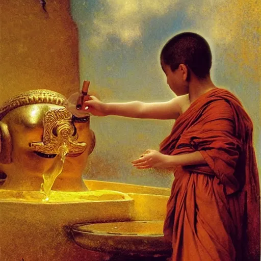 Image similar to highly cunning buddhist monk pouring liquid gold into monk kid head baroque style, painting by gaston bussiere, craig mullins, j. c. leyendecker, lights, art by ernst haeckel, john william godward, hammershøi,