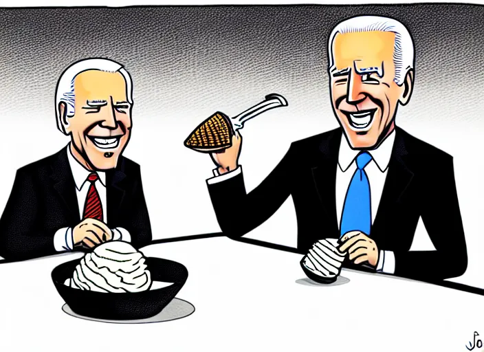 Image similar to joe biden eating ice cream scoop on a ice cream cone, political cartoon, high detail