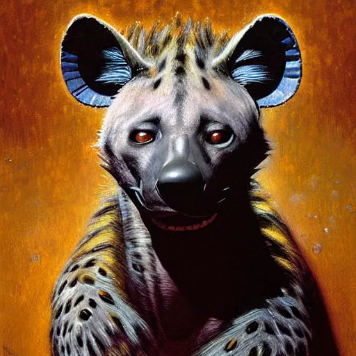 Image similar to portrait of a male hyena in a public bath. shadowrun furaffiniy cyberpunk fantasy highly detailed painting by gaston bussiere craig mullins jc leyendecker gustav klimt artgerm greg rutkowski john berkey, bergey, craig mullins, ruan jia, raymond swanland, jeremy mann, tom lovell, alex malveda