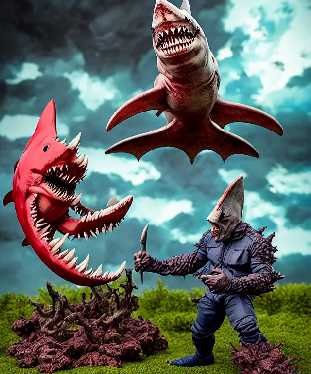 Image similar to hyperrealistic rendering, epic boss battle, epic shark king overlord, by art of skinner and richard corben, product photography, collectible action figure, sofubi, hottoys, storm clouds, outside, lightning