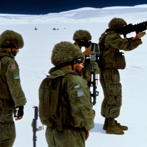 Image similar to filmic extreme close up shot movie still 4 k uhd interior 3 5 mm film color photograph of six soldiers arguing and yelling and pointing in a lab in antartica