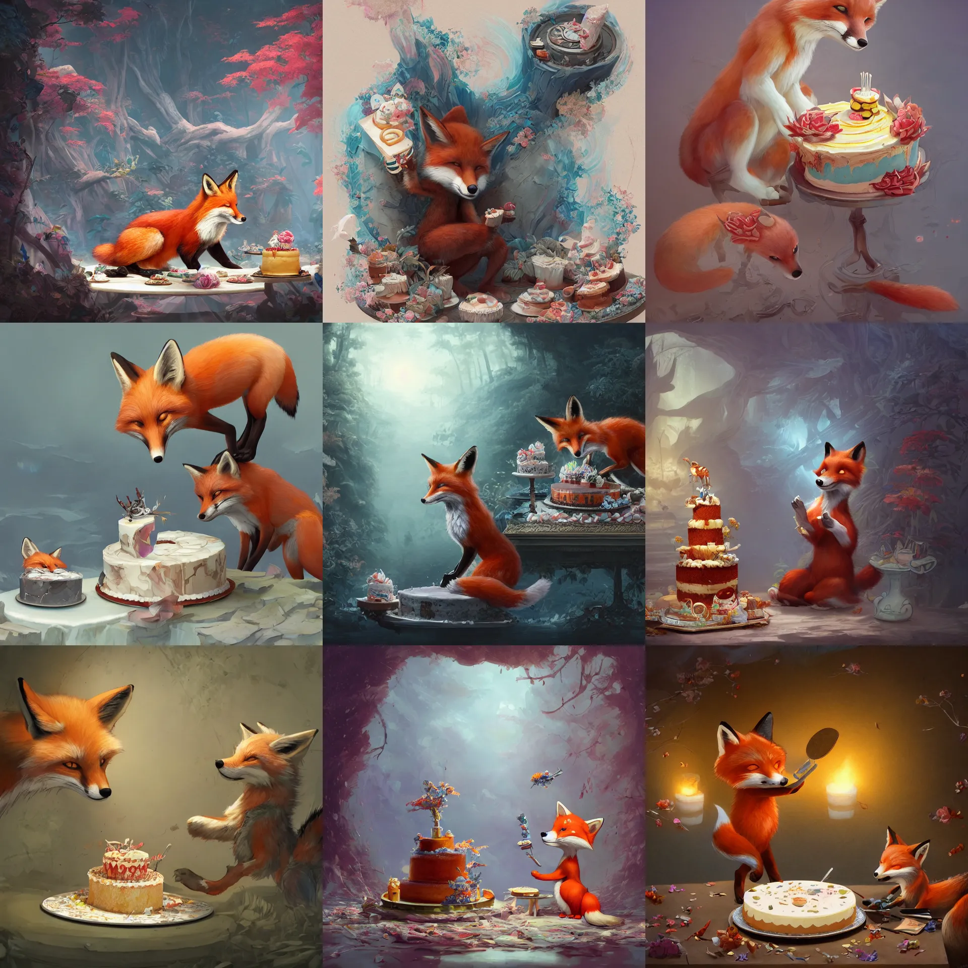 Prompt: a fox steal a cake in the style of Jin Kagetsu, James Jean and wlop, highly detailed, masterpiece, award-winning, sharp focus, intricate concept art, digital painting, ambient lighting, 4k, artstation, RTX 3090, RTX on, max setting by Rachel Ruysch and Thomas Cole