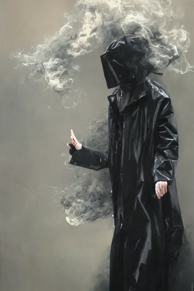 Image similar to painting of a man with pale skin and long-black hair, latex suit and raincoat, floating in smoke, in the style of phil hale and yoshitaka amano