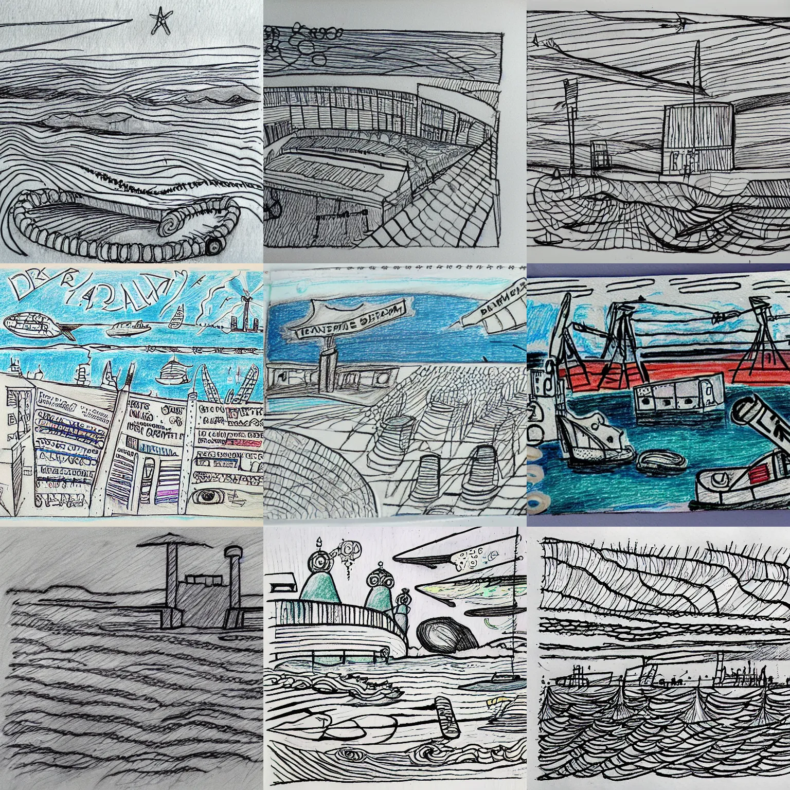 Prompt: dream journal art brut drawing of a fever dream about a sea terminal, found doodled in a sketchbook