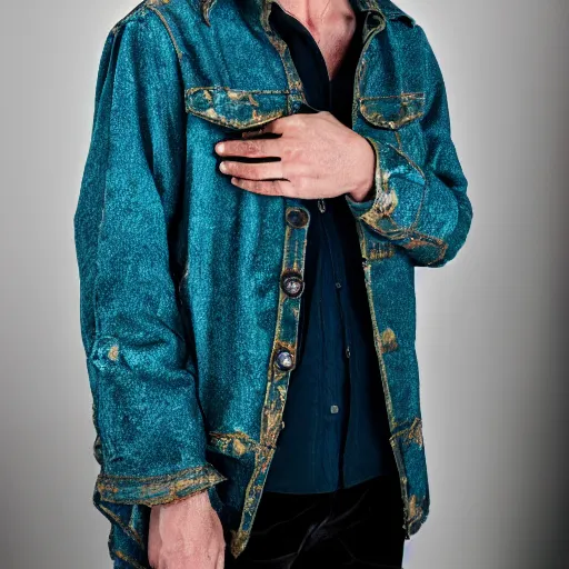 Image similar to an award - winning closeup photo of a male model wearing a baggy teal distressed medieval cloth menswear jacket by alexander mcqueen, 4 k, studio lighting, wide angle lens