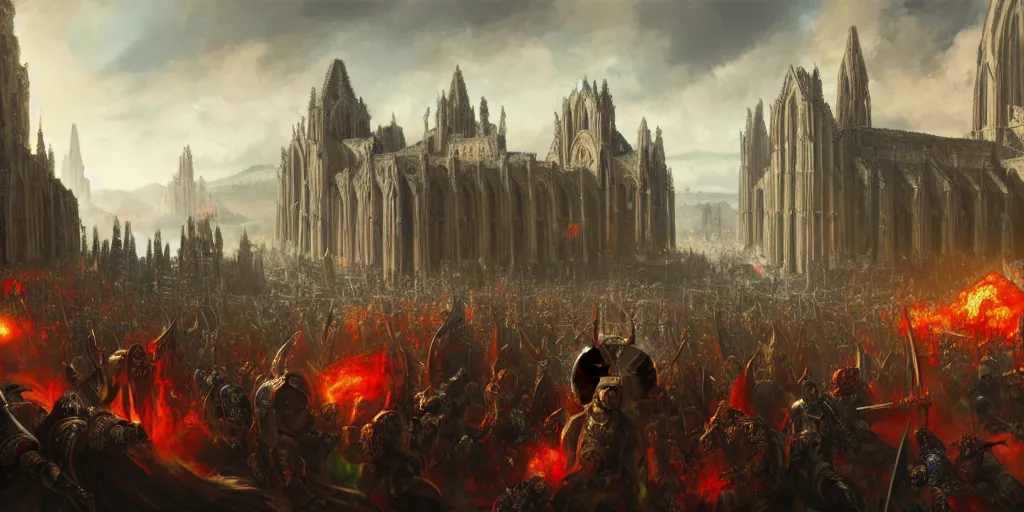 Prompt: highly detailed portrait painting of an ancient gods war battle, abbey warhammer battle, old abbey in the background, character in the foreground, cathedrals, giant columns, arcane magic summoning by liang xing, 8 k resolution