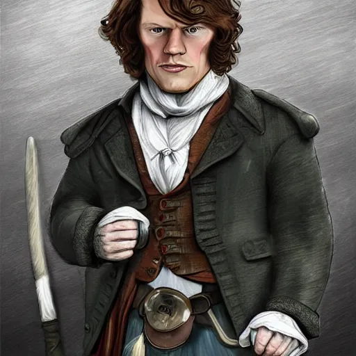 Image similar to Sam Heughan as Jamie Fraser, caricature portrait exaggerated by Sebastian Krüger and Bruno Tesse trending on artstation, hyperdetailed, funny , humor, perfect composition. Scotland background