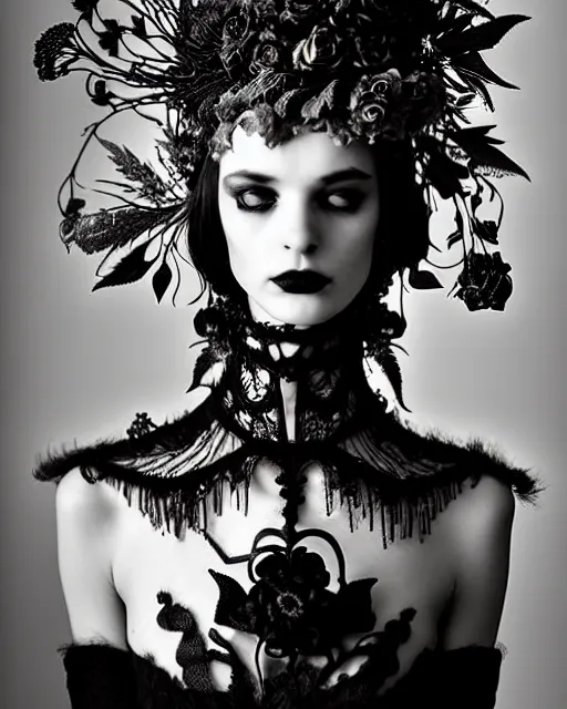 Image similar to surreal dark poetic black and white photo portrait of complex bio-mechanical beautiful young silver female vegetal-cyborg with a fur metal fine lace face, a very long neck and a fine metal floral foliage super big gothic lace collar and high floral crown by Vivienne Westwood:: smoke, high fashion, haute couture, rococo, avant-garde, dry black roses, silver filigree details, anatomical, facial muscles, cable wires, microchip, elegant, dreamy, foggy atmosphere, hyper realistic, 150 mm lens, soft rim light, octane render, unreal engine, picture was taken in 1910 by Man Ray, volumetric lighting, dramatic light,8k,