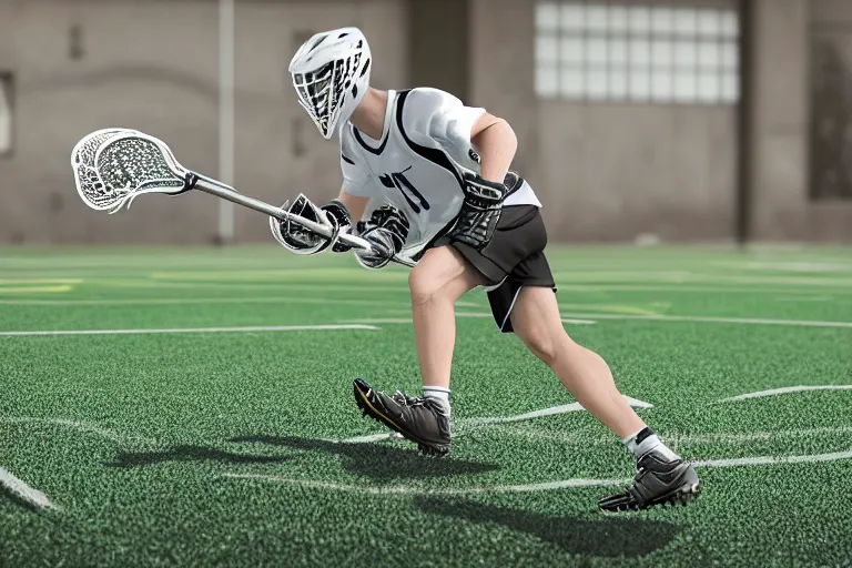 Image similar to lacrosse player, soccer field, cascade helmet, realistic, running, very detailed, 8k, high resolution, ultra realistic, no grain, symmetry, normal proportions, sports illustrated style, Cascade XRS Custom Lacrosse Helmet, brine lacrosse stick, Brine Lacrosse King V Gloves, normal feet, Nike Alpha Huarache 7 Elite, STX Surgeon 700 Lacrosse Arm Guards